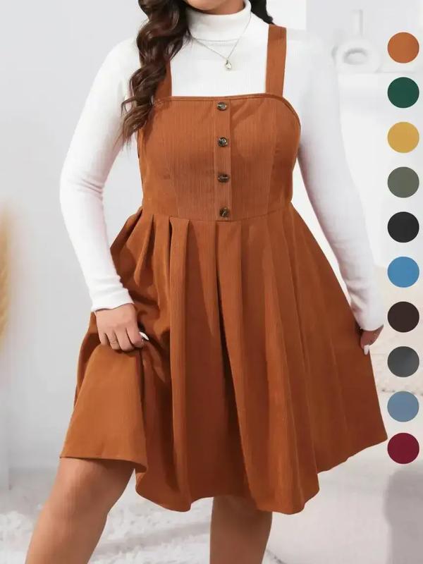 Plus Size Button Decor Pleated Pinafore A-Line Dress, Casual Sleeveless Tank Dresses for Fall & Winter Daily Wear Holiday, Women's Clothes, without Sweater