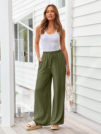 Women's Cotton Linen Summer Palazzo Pants Flowy Wide Leg Beach Trousers with Pockets Casual Womenswear