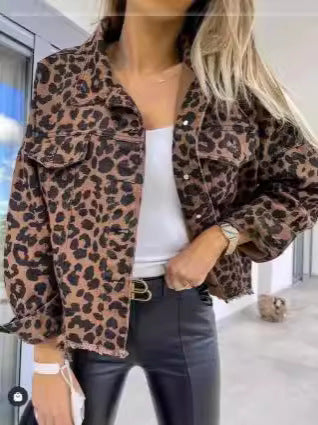 Women's Leopard Print Denim Jacket Long Sleeve Animal Printed Raw Hem Button Down Cropped Jean Coat Outerwear - Seldom Seen Styles