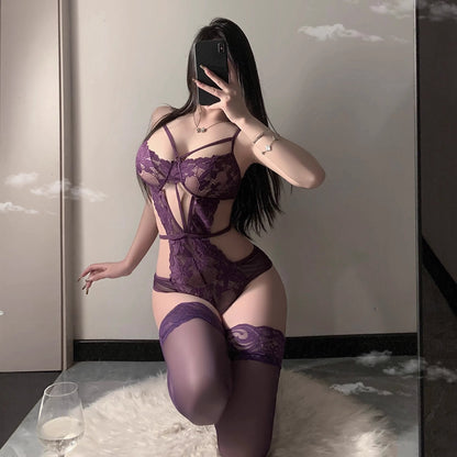 Sexy Lingerie Pure Desire Sexy Lady Temptation Lace Hollow Out See-through One-piece Purple Passionate Hot Plus Size - Seldom Seen Styles