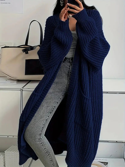 Women's Solid Drop Shoulder Long Cardigan, Casual Pocket Longsleeves Cardigan, Ladies Knitwear for Spring & Fall Daily Wear, Sweaters for Women, Knitting Womenswear - Seldom Seen Styles