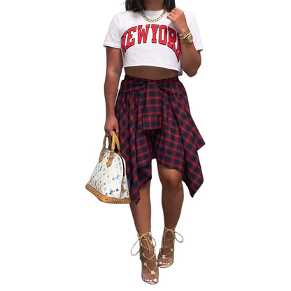 Women's Fashion Style Plaid Print Asymmetrical Hem High Waist Skirt, Casual Comfort Elastic Waist Tiered Layer Knee Length Skirt for Summer Going Out Streetwear, Fashionable Trendy Plaid Skirt, Womenswear Everyday Bottom - Seldom Seen Styles