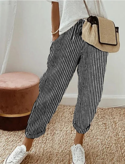 Women's Casual Vertical Striped High Elastic Waist Wide Leg Capri Palazzo Pants with Pockets - Seldom Seen Styles