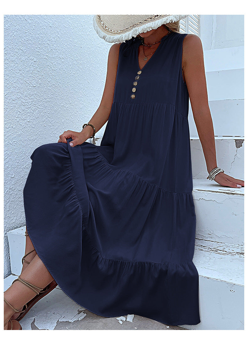 Summer Flowy Maxi Dress with Pockets Sleeveless Loose Casual Sundress V-Neck Tiered Sun Dress for Beach Cruise Vacations