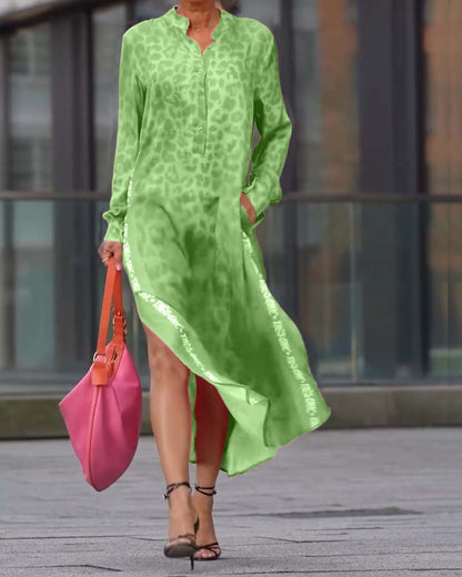 Women's Leopard Print Long Sleeve Split Maxi Dress V Neck Button Flowy Long Dress with Pockets Fashion Streetwears - Seldom Seen Styles