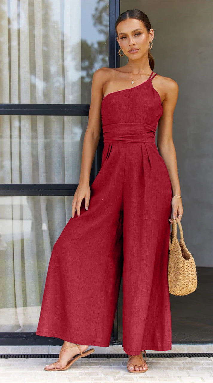 Women's Summer Straps One Shoulder High Waist Dressy Casual Wide Leg Linen Jumpsuit Romper Beach Travel Outfits