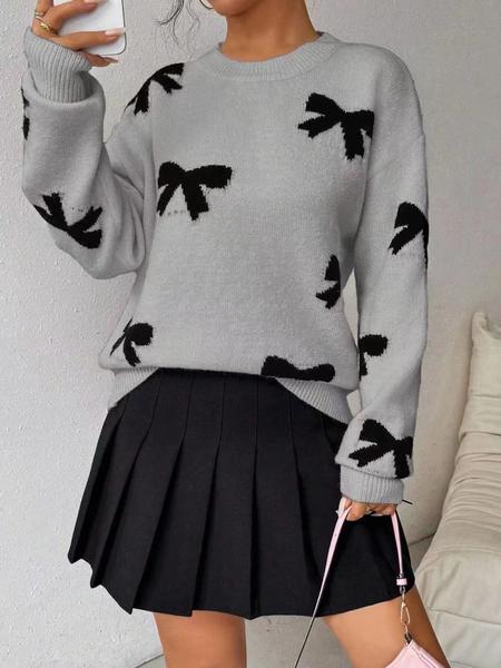 Fashion Bow Print Casual Loose Knitted Sweater Pullover Autumn/Winter Women Pullovers New Full Sleeve Knitwear - Seldom Seen Styles