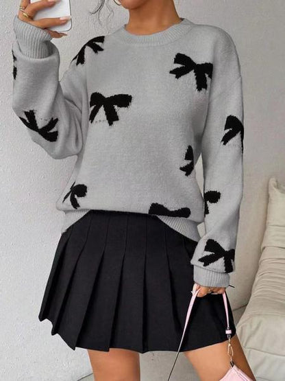 Fashion Bow Print Casual Loose Knitted Sweater Pullover Autumn/Winter Women Pullovers New Full Sleeve Knitwear - Seldom Seen Styles