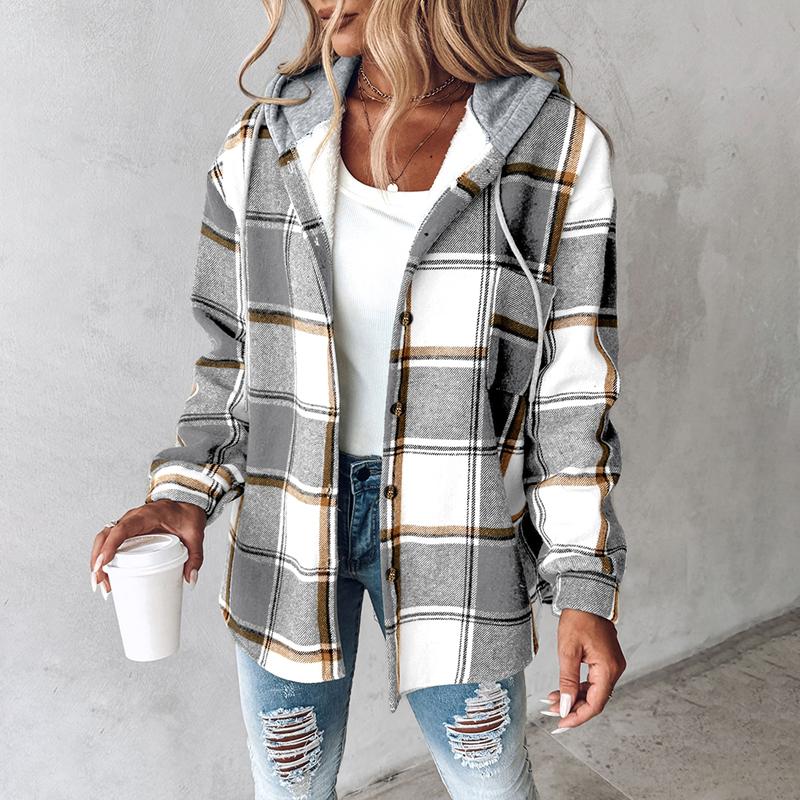 Women's Plaid / Houndstooth Print Button Front Hooded Coat, Casual Longsleeves Pocket Coat for Fall & Winter, Ladies Outerwear for Daily Wear, Womenswear - Seldom Seen Styles