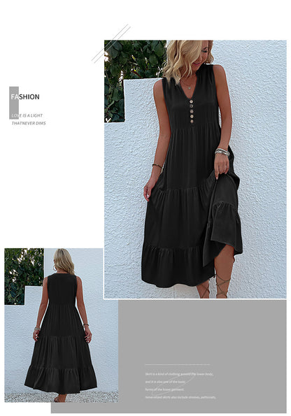 Summer Flowy Maxi Dress with Pockets Sleeveless Loose Casual Sundress V-Neck Tiered Sun Dress for Beach Cruise Vacations