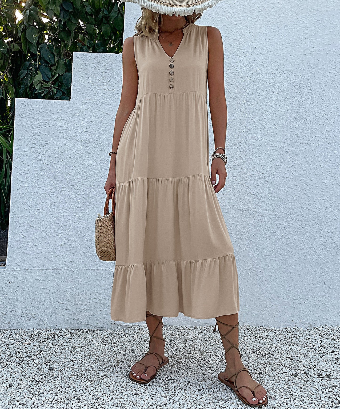 Summer Flowy Maxi Dress with Pockets Sleeveless Loose Casual Sundress V-Neck Tiered Sun Dress for Beach Cruise Vacations