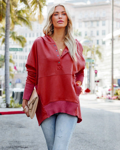 Women's Casual Oversized Sweatshirts Hoodies Button V Neck Long Sleeve Cotton Henley Pullover Hooded Tops 2025 Womenswear Winter Outfits Clothes