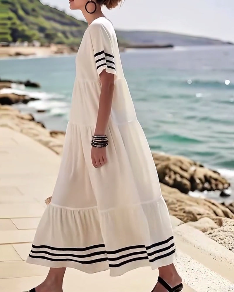 Summer Crew Neck Black Striped Loose A Line Sundress for Women with Short Sleeves Flowy Beach Patchwork Maxi Dresses - Seldom Seen Styles