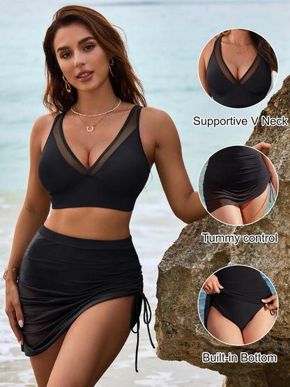 Women Mesh One Piece Swim Dress Swimsuit Tummy Control Bathing Suit