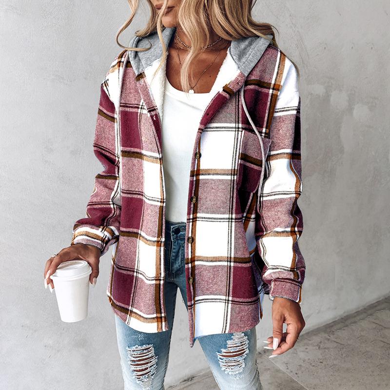 Women's Plaid / Houndstooth Print Button Front Hooded Coat, Casual Longsleeves Pocket Coat for Fall & Winter, Ladies Outerwear for Daily Wear, Womenswear - Seldom Seen Styles