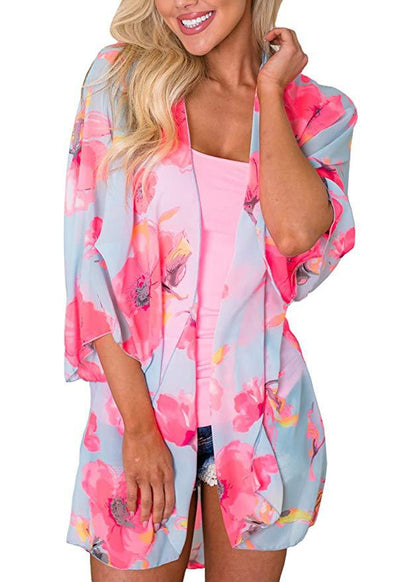 Women's Beach Cover up Swimsuit Kimono with Bohemian Floral Print, Loose Casual Resort Wear - Seldom Seen Styles