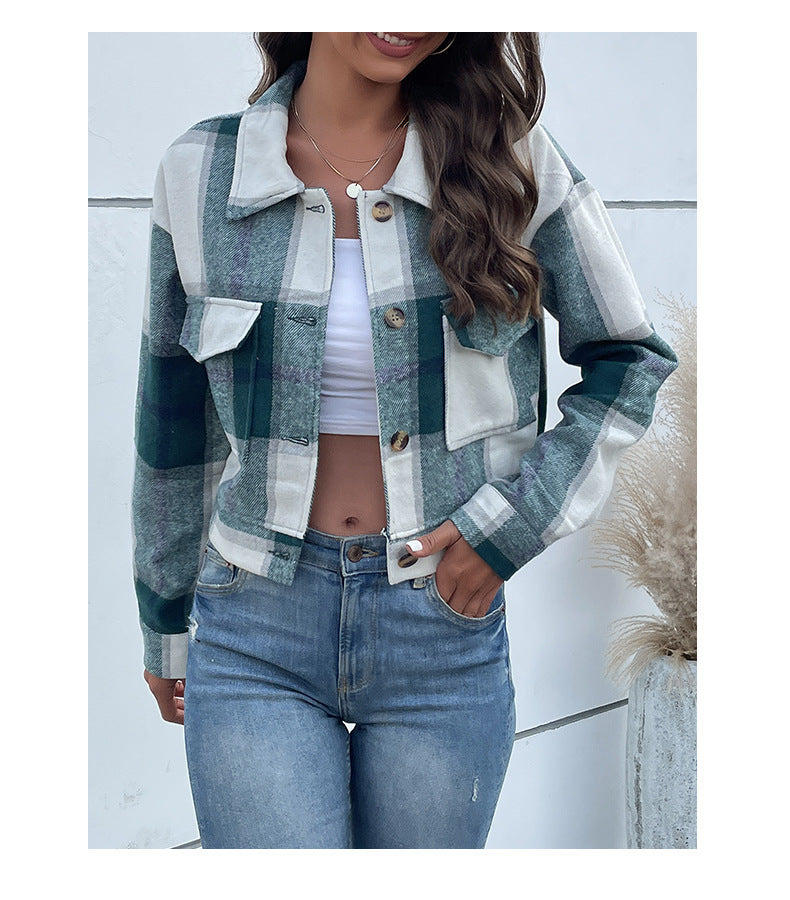 Women's Flannel Cropped Plaid Shacket Jacket Button Down Long Sleeve Shirts Tops