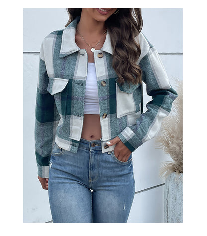 Women's Flannel Cropped Plaid Shacket Jacket Button Down Long Sleeve Shirts Tops