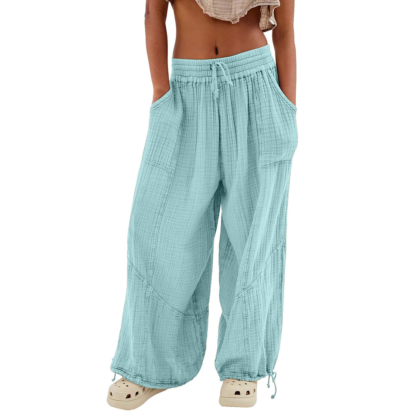 Womens Casual Loose Fit Wide Leg Cotton Pants Drawstring Stitching Baggy Pants Trousers with Pockets - Seldom Seen Styles