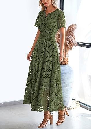 Womens 2025 Summer Maxi Dress Short Sleeve V Neck Hollow Out Eyelet A Line Long Flowy Beach Vacation Dresses