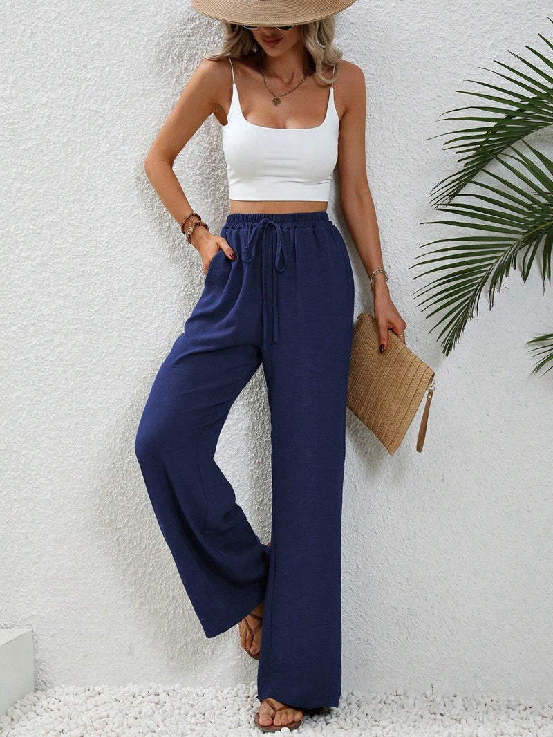 Wide Leg Pants for Women Elastic Waist Drawstring Palazzo Pants Lounge Pants with Pockets Loose Straight Leg Trousers - Seldom Seen Styles