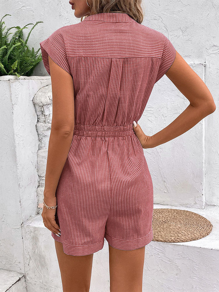 Womens Striped Shorts Romper Dressy Button V Neck Jumpsuits Comfy Business Work Overalls One Piece Jumpsuit w/Pockets