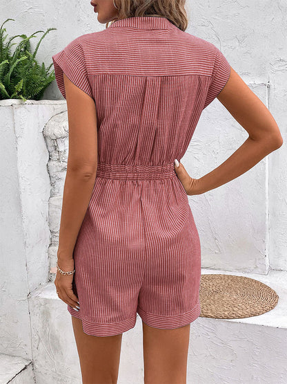 Womens Striped Shorts Romper Dressy Button V Neck Jumpsuits Comfy Business Work Overalls One Piece Jumpsuit w/Pockets