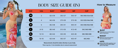 Womens 3pcs Swimsuit Floral Halter Triangle Bikini Top Tie Side Bottom with Long Sheer Cover Up Skirt