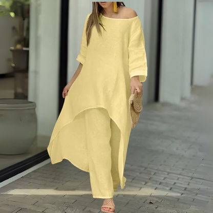 Womens Two Piece Set Dress Suit for Women Long Sleeve Cotton Linen Irregular Solid Crewneck Daily Wear Summer Set - Seldom Seen Styles