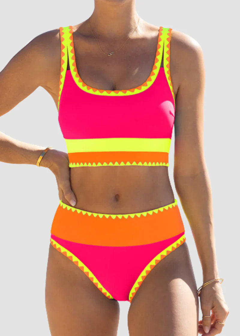 Color Contrast Patchwork Nylon Sporty 3 Piece Bikini Sets