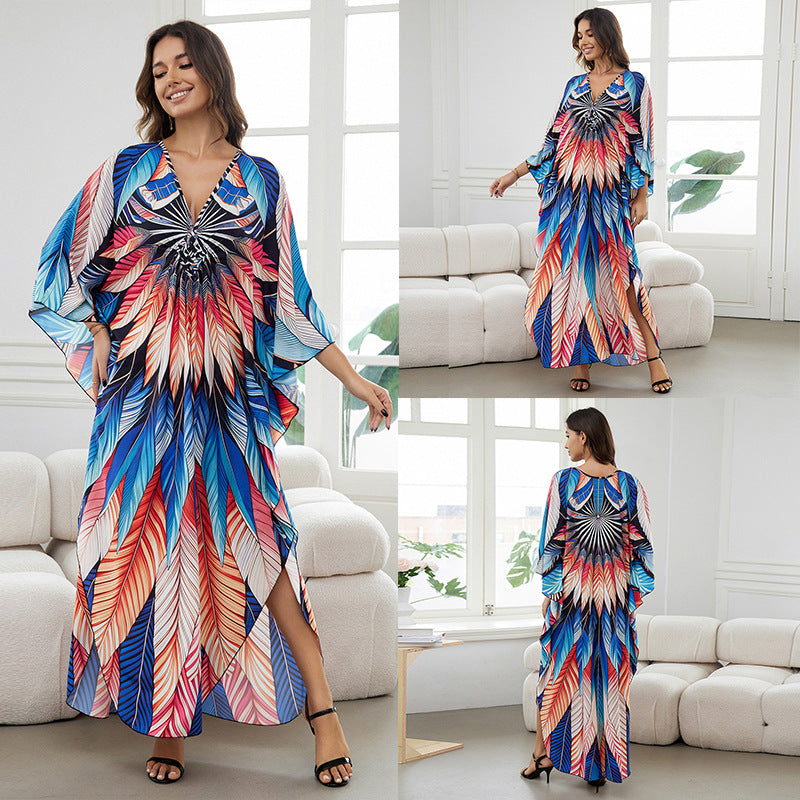 [Plus Size] Butterfly/feather Print Ruched Split Hem Tunic Dress, Valentine's Day Elegant Batwing Sleeve V Neck Long Dress for Summer, Casual Womenswear, Gift, Homecoming Dresses, Women's Clothes for Beach Holiday Vacation, Moo Moo Dresses
