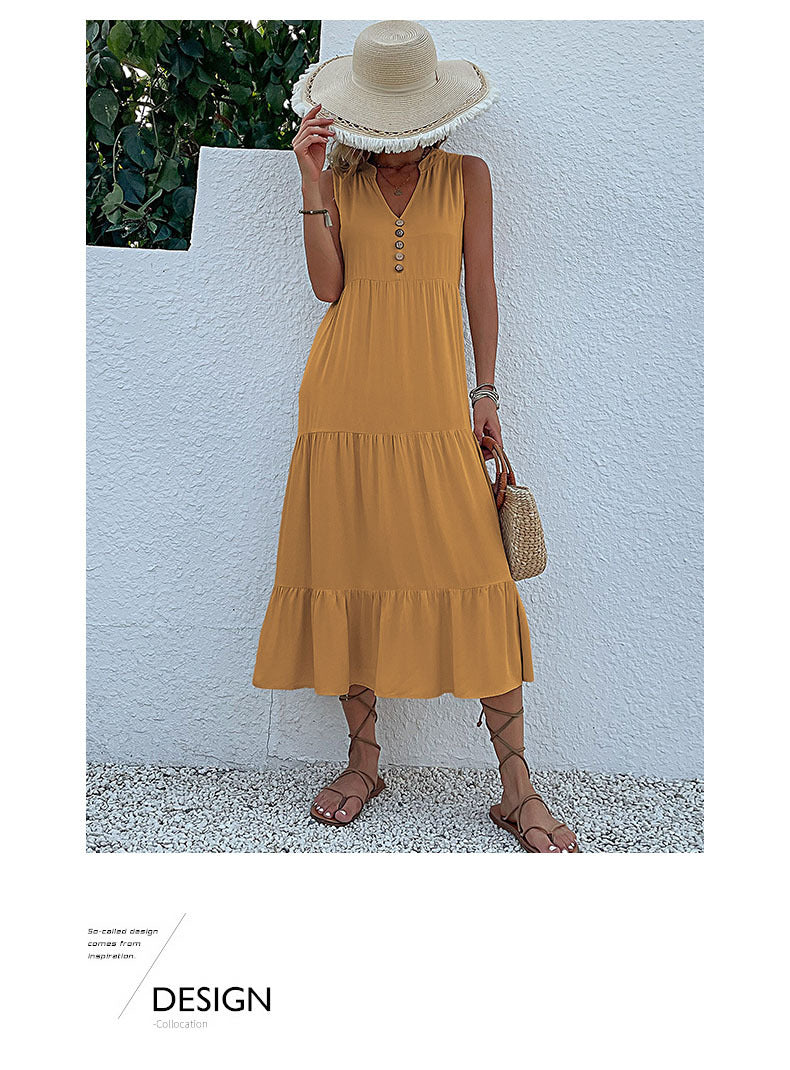 Summer Flowy Maxi Dress with Pockets Sleeveless Loose Casual Sundress V-Neck Tiered Sun Dress for Beach Cruise Vacations