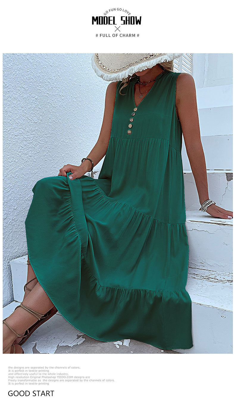 Summer Flowy Maxi Dress with Pockets Sleeveless Loose Casual Sundress V-Neck Tiered Sun Dress for Beach Cruise Vacations