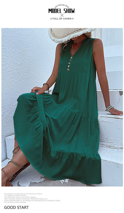 Summer Flowy Maxi Dress with Pockets Sleeveless Loose Casual Sundress V-Neck Tiered Sun Dress for Beach Cruise Vacations