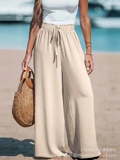 Women Wide Leg Pants High Waisted Trousers Linen Palazzo Lounge Beach Cover Ups Flowy Pants - Seldom Seen Styles