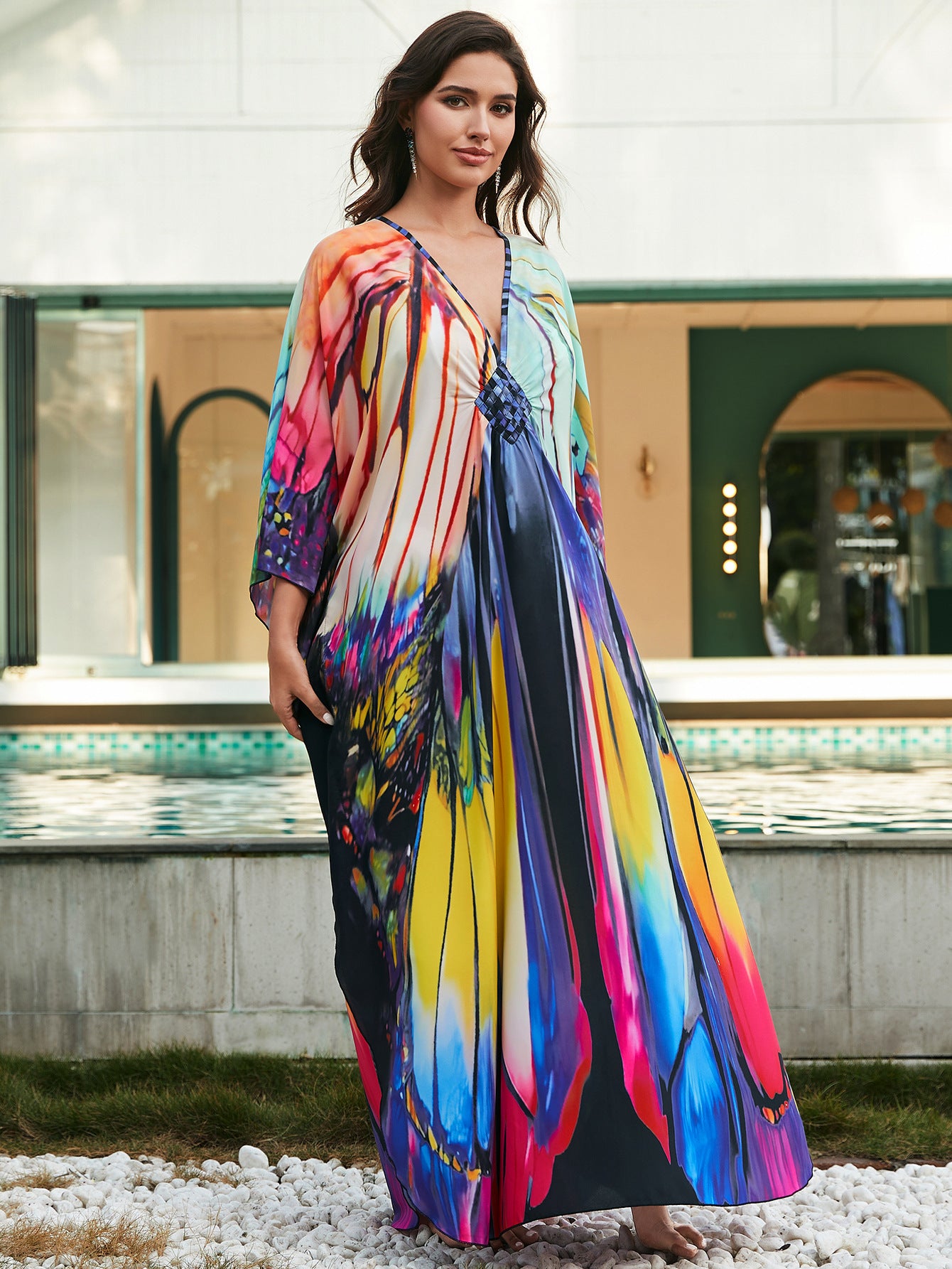 [Plus Size] Butterfly/feather Print Ruched Split Hem Tunic Dress, Valentine's Day Elegant Batwing Sleeve V Neck Long Dress for Summer, Casual Womenswear, Gift, Homecoming Dresses, Women's Clothes for Beach Holiday Vacation, Moo Moo Dresses