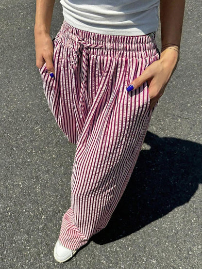 Women Casual Drawstring Elastic Waist Striped Wide Leg Pants with Pockets - Seldom Seen Styles