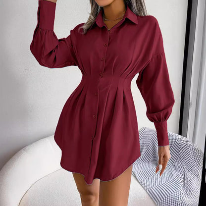 Women's Button Down Shirt Dress, Long Sleeve, Pleated Waist, Multiple Color Options Available - Seldom Seen Styles