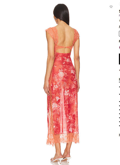 Suddenly Fine Maxi Slip Lace Backless Strap Splicing Slit Floral Long Dress Women's Fashion