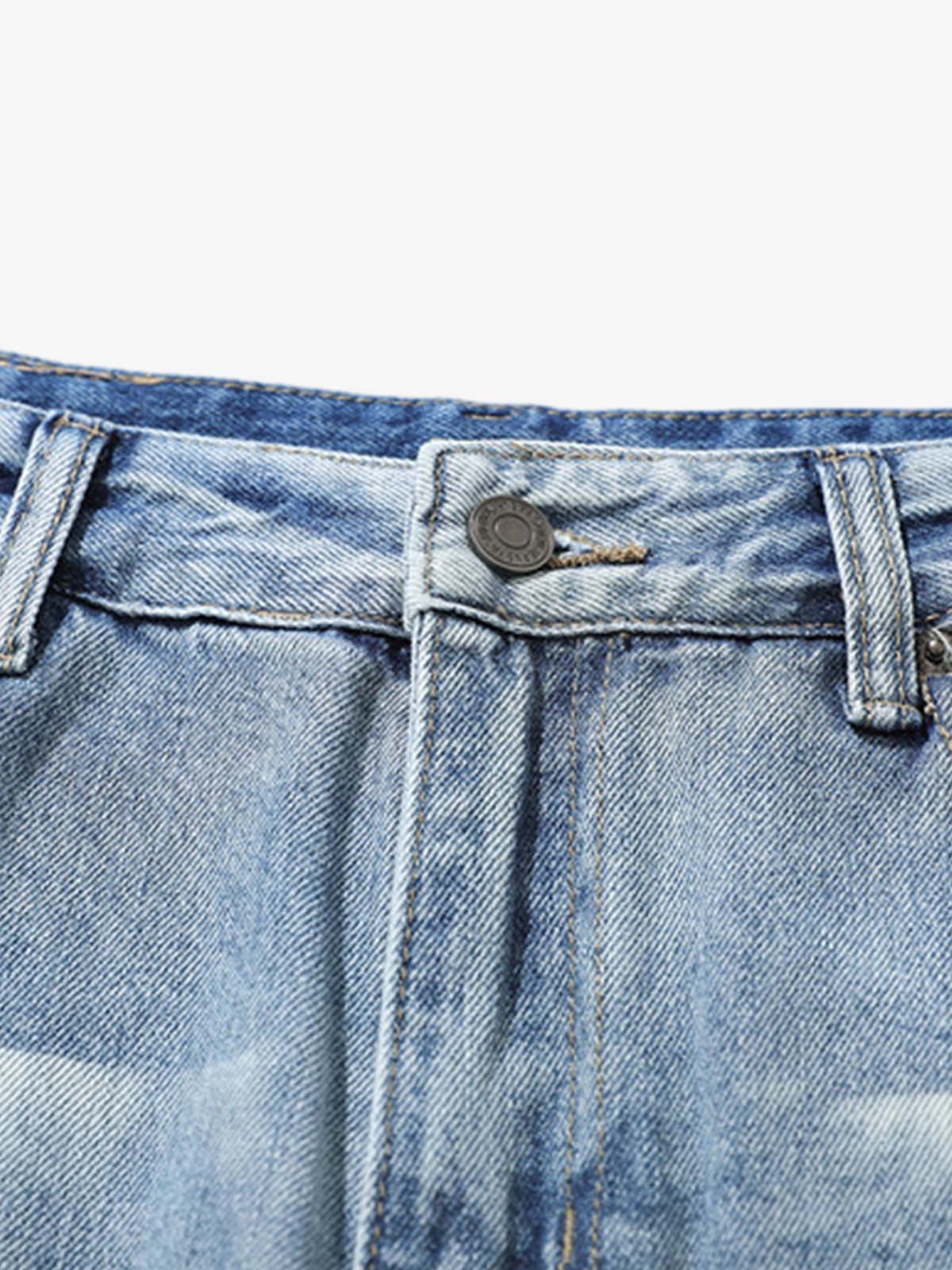 Hip-Hop Cut Distressed Washed Jeans 