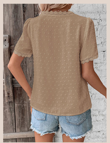 Women's 2025 Summer V Neck Lace Crochet Blouse Swiss Dot Business Casual Cute Shirts Tops