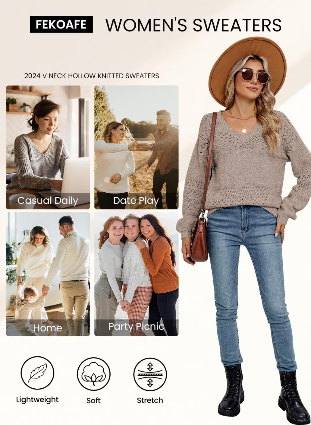 Womens Sweaters 2025 Fall V Neck Long Sleeve Hollow Knit Pullover Sweaters for Women - Seldom Seen Styles