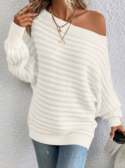 Women's Textured Asymmetrical Neck Sweater, Casual Long Sleeve Batwing Sleeve Jumper for Daily Outdoor Wear, Ladies Knit Top for All Seasons, Womenswear - Seldom Seen Styles