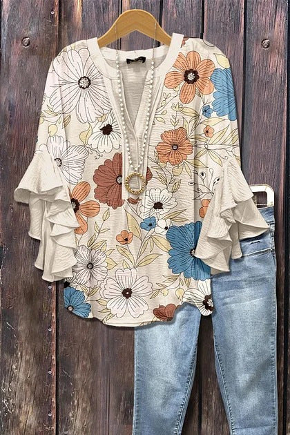Retro Floral Print Layered Ruffle Sleeve Top Going Outfits Blouses Women Vintage 90s Tops Funny Shirts Women Elegant Classy Tops cute summer outfit - Seldom Seen Styles