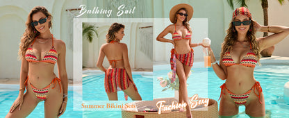 Womens 3 Piece Swimsuits Triangle Halter Thong Bikini Set Butterfly Bathing Suits Sarongs