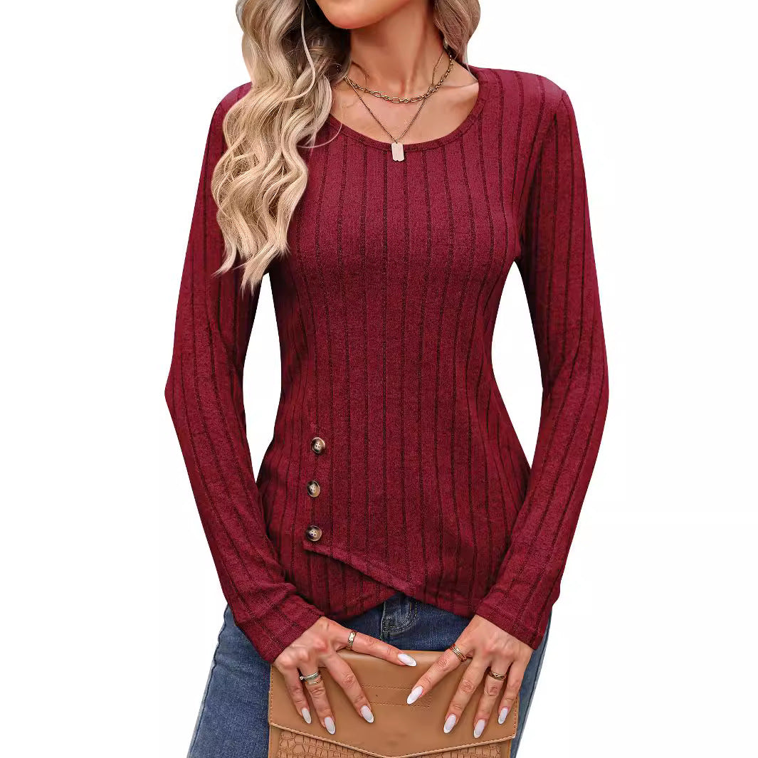Sweaters for Women Fashion Long Sleeve Tops Button Pullover Crew Neck Casual Loose Slit Sweatshirt - Seldom Seen Styles