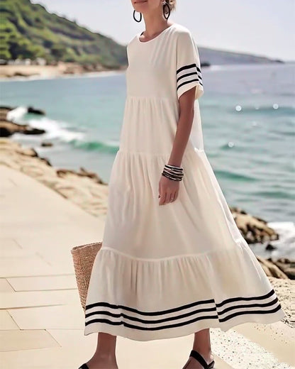 Summer Crew Neck Black Striped Loose A Line Sundress for Women with Short Sleeves Flowy Beach Patchwork Maxi Dresses - Seldom Seen Styles