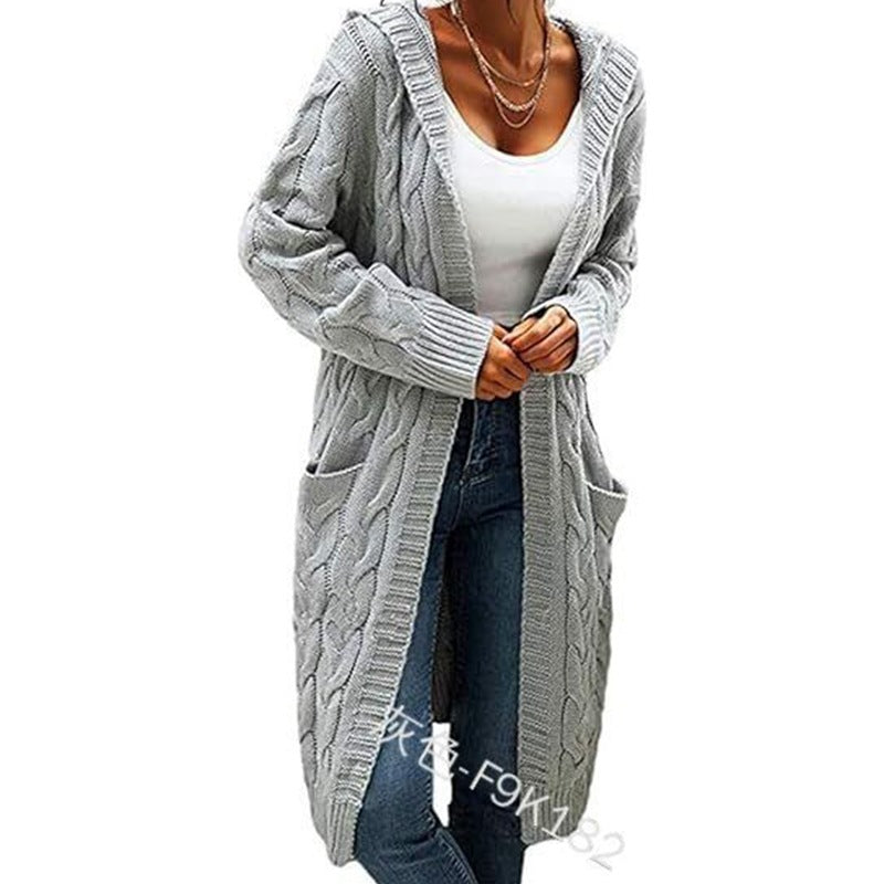 Women's Pocket Drop Shoulder Cardigan, Hooded Long Sleeve Warm Top, Casual Textured Knit Open Front Cable Outwear, Sweaters for Women