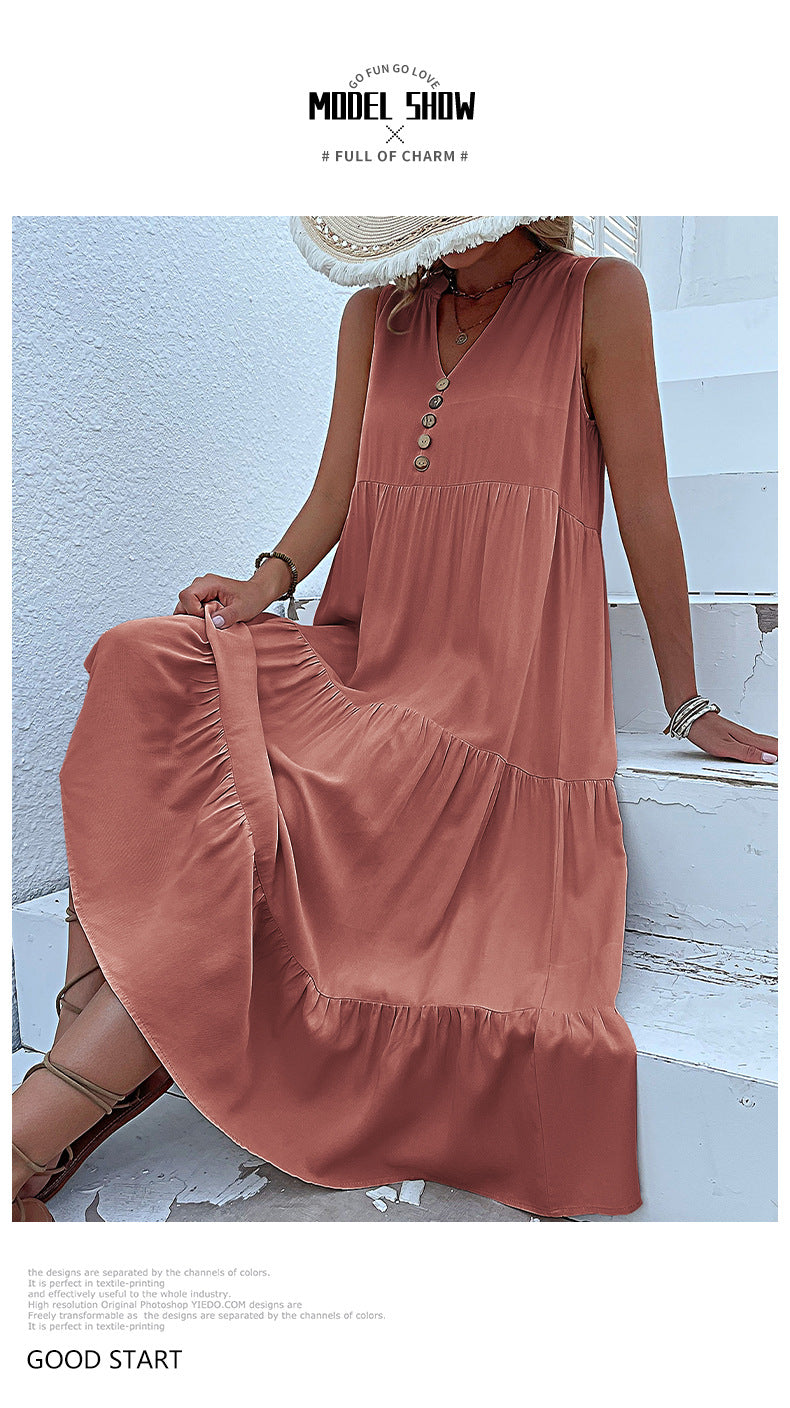 Summer Flowy Maxi Dress with Pockets Sleeveless Loose Casual Sundress V-Neck Tiered Sun Dress for Beach Cruise Vacations