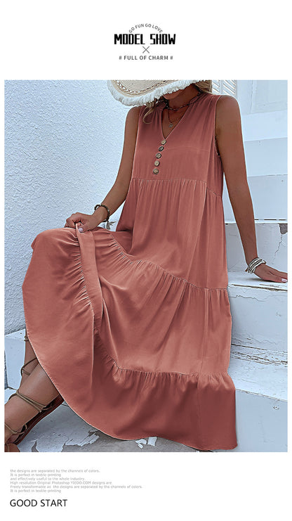 Summer Flowy Maxi Dress with Pockets Sleeveless Loose Casual Sundress V-Neck Tiered Sun Dress for Beach Cruise Vacations